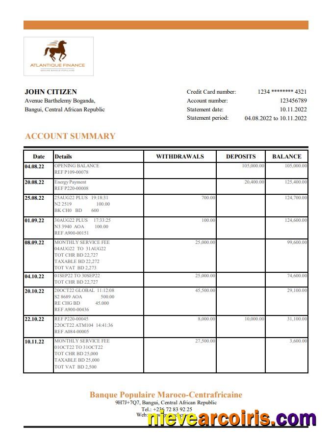Central African Republic Banque Populaire Maroco Centrafricaine bank statement